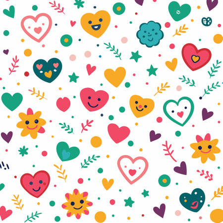 Cheerful seamless pattern with colorful cartoon hearts, stars, and dots, some with cute faces, on whiteのイラスト素材