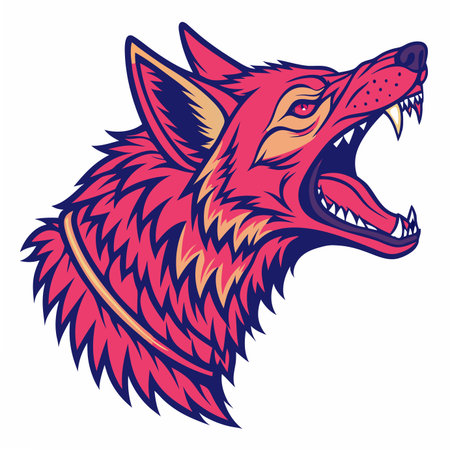 Stylized crimson canine head with fangs bared, howling or snarling fiercely, dynamic graphic designのイラスト素材