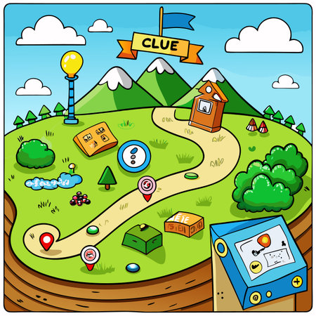 Colorful cartoon game map with winding path, mountains, hut, lightbulb, and game pieces on a green landscapeのイラスト素材
