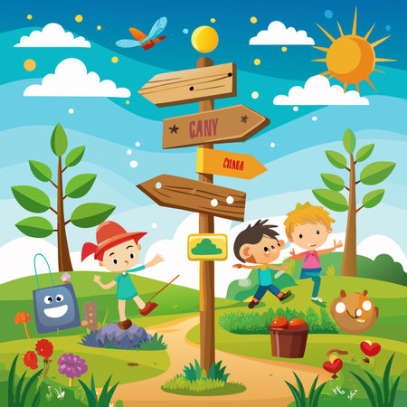 Cartoon kids play near a wooden signpost on a sunny nature path with trees, flowers, and whimsical charactersのイラスト素材