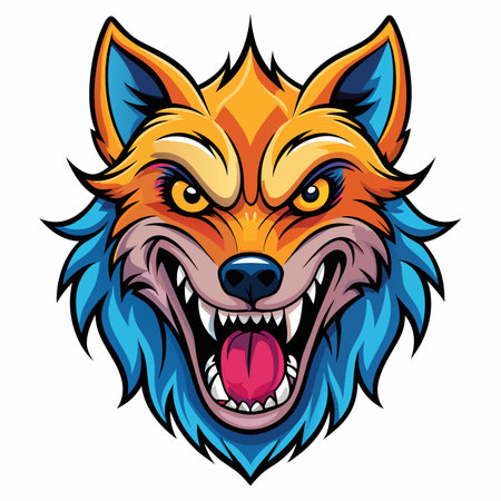 Vibrant, stylized snarling canine head. Orange and blue fur, sharp fangs, intense yellow eyes, open mouthのイラスト素材
