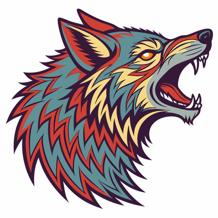 Stylized roaring wolf head with tribal patterns in vibrant teal, red, yellow, and purple colorsのイラスト素材