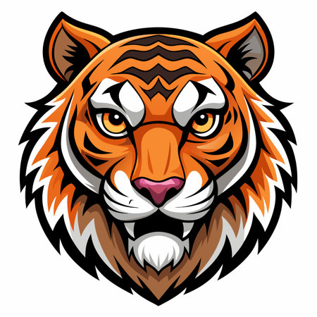 Vibrant cartoon tiger head illustration, orange fur, black stripes, fierce expression, fangs visibleのイラスト素材