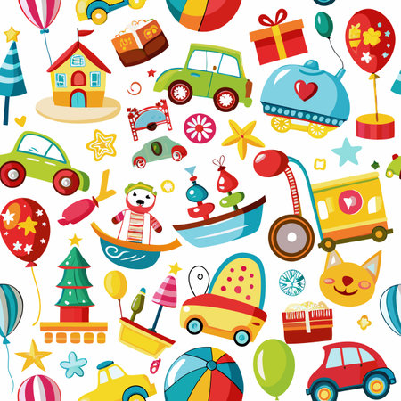 Vibrant seamless pattern of cheerful cartoon toys cars, boats, trains, balloons, trees, and giftsのイラスト素材