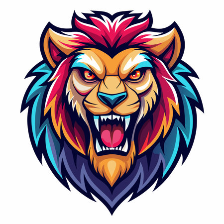 A vibrant, aggressive cartoon lion head with a colorful mane, open mouth, sharp fangs, and glowing eyesのイラスト素材