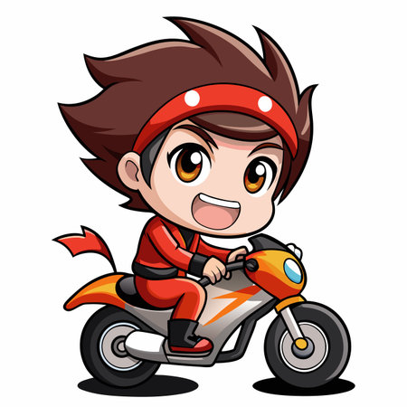Vector illustration of a cheerful chibi character on a speedy orange motorbike, wearing a red suitのイラスト素材