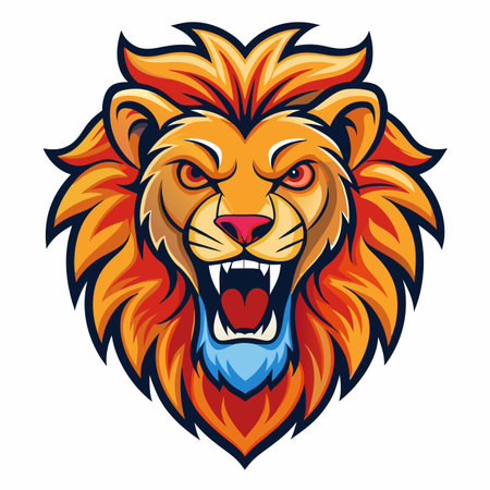 Vibrant roaring lion head illustration with fiery mane and intense gaze, vector art styleのイラスト素材