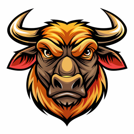 A fierce, detailed cartoon bull head with orange fur, brown face, and sharp horns on a white backgroundのイラスト素材
