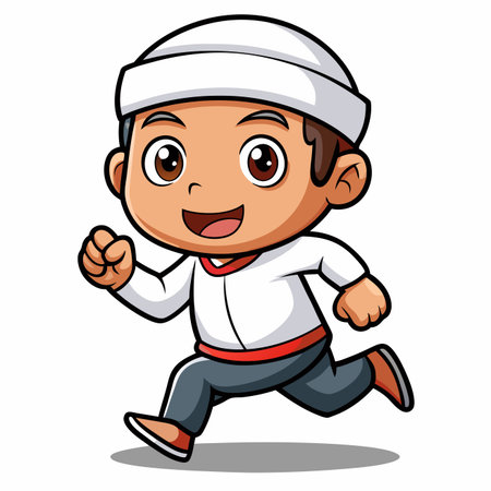 Happy cartoon boy in white cap and shirt, running with a big smile and energetic strideのイラスト素材