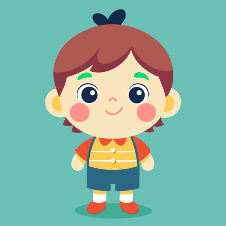 A cute cartoon boy with brown hair, rosy cheeks, a yellow shirt, blue shorts, and red shoes smiles warmlyのイラスト素材