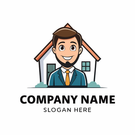 Smiling man in a suit stands in front of a small house, logo designのイラスト素材