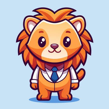 Cute cartoon lion mascot wearing a white shirt and blue tie on a light blue backgroundのイラスト素材
