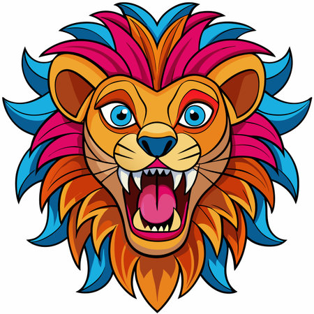 Brightly colored cartoon lion head roaring, featuring a vibrant pink, blue, and orange stylized maneのイラスト素材