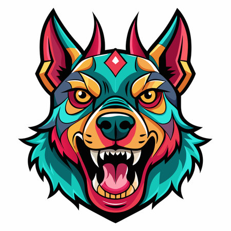 A vibrant, stylized dog head in an aggressive snarl, featuring sharp lines and bright, geometric patternsのイラスト素材