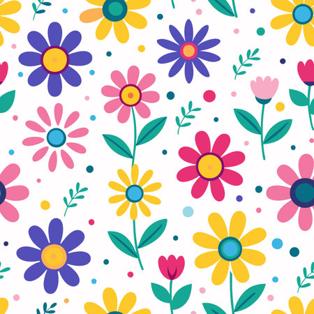 A vibrant seamless pattern featuring an array of stylized, colorful flowers and small dots on a white backgroundのイラスト素材