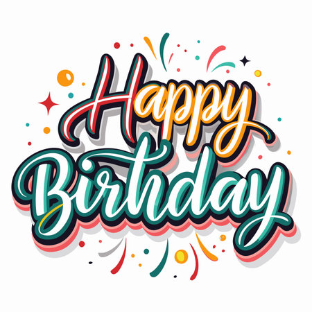 Vibrant 'Happy Birthday' calligraphy with playful confetti, stars, and dots on a clean white backgroundのイラスト素材