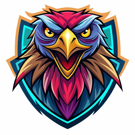 Vibrant, aggressive bird mascot with intense eyes and sharp beak on a blue and gold shieldのイラスト素材
