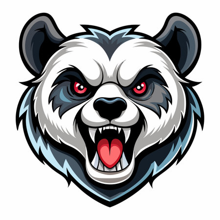 Fierce panda head illustration with bared teeth, red eyes, and open mouth, in white, black, and greyのイラスト素材