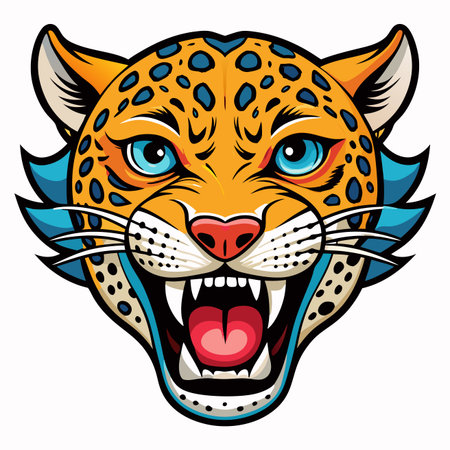 Vibrant, stylized illustration of a roaring big cat head with blue eyes and spots, showing fangsのイラスト素材