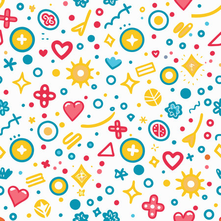 Vibrant seamless pattern with hand-drawn hearts, stars, circles, and abstract doodles in red, yellow, blueのイラスト素材