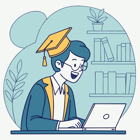 A student in graduation attire sits at a desk using a laptop, surrounded by bookshelves and plantsのイラスト素材