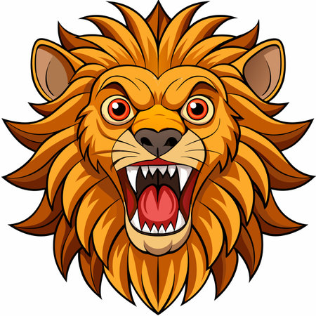 A cartoon lion's head with a fierce expression and open mouth, showing teeth, surrounded by a shaggy maneのイラスト素材