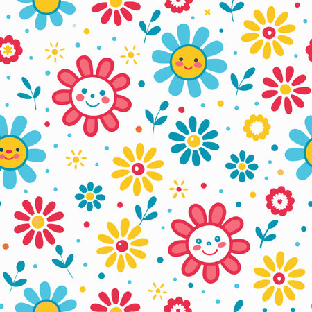 Bright, seamless pattern of cheerful cartoon flowers with smiling faces, small leaves, and dots on whiteのイラスト素材