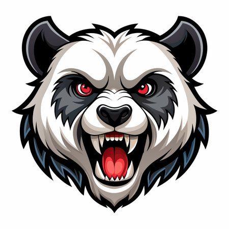 Stylized aggressive panda head with open mouth, sharp teeth, and glowing red eyes, fierce lookのイラスト素材
