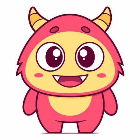 Cute cartoon monster, pink and yellow, with tiny horns, big sparkly eyes, and a happy fanged smileのイラスト素材