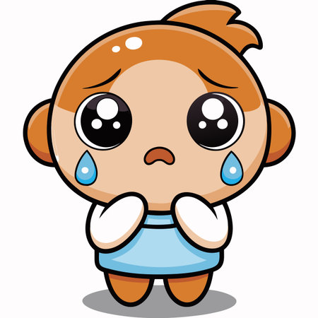 Adorable cartoon character with big glossy eyes, brown hair, crying with tears and a sad expressionのイラスト素材