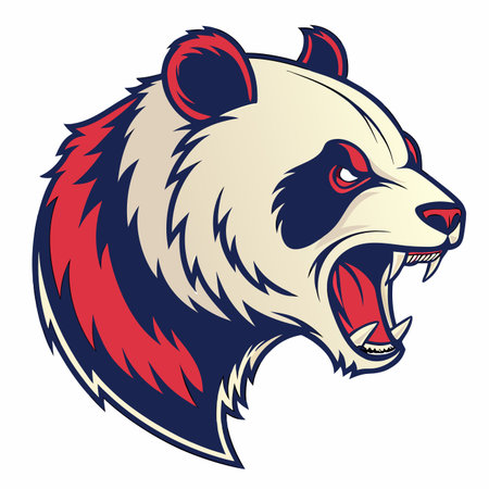 Angry panda head mascot illustration with bared teeth and aggressive expression in red, blue, and creamのイラスト素材