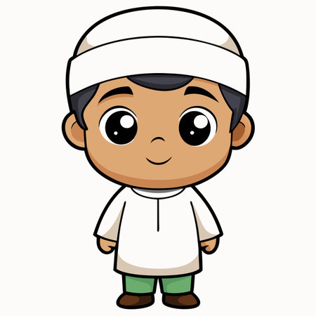 A cute, friendly cartoon boy with dark skin and a big smile wears a white cap and tunicのイラスト素材