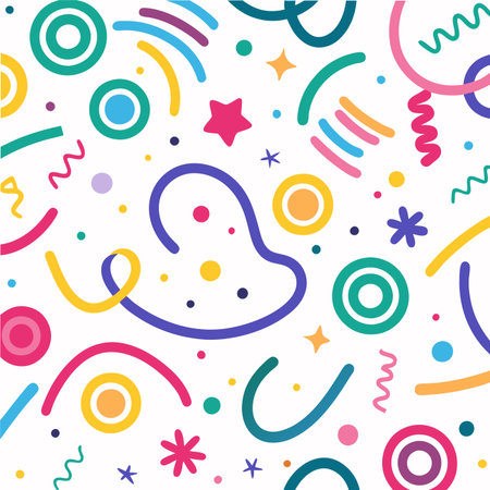 Bright, playful seamless pattern featuring various abstract shapes circles, lines, stars, squiggles, dotsのイラスト素材
