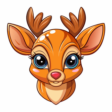 Adorable cartoon deer head featuring large blue eyes, prominent lashes, small pink nose, and antlersのイラスト素材