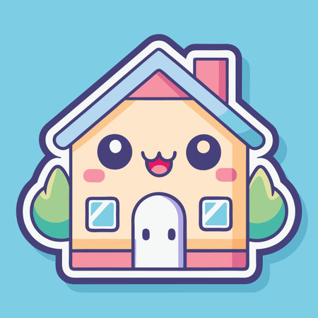 Kawaii cartoon house with big eyes and a happy smile, pink roof accents, on a light blue backgroundのイラスト素材