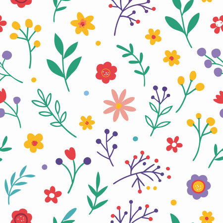 Bright, cheerful seamless pattern of colorful cartoon flowers, leaves, and berries on a white backgroundのイラスト素材