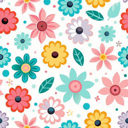 Vibrant seamless pattern of diverse stylized flowers in pink, red, blue, yellow, and white with green leavesのイラスト素材