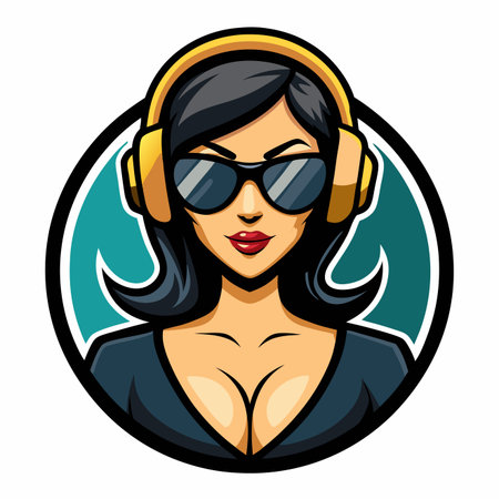 Modern cartoon woman wearing sunglasses and yellow headphones, showing cleavage, in a round frameのイラスト素材