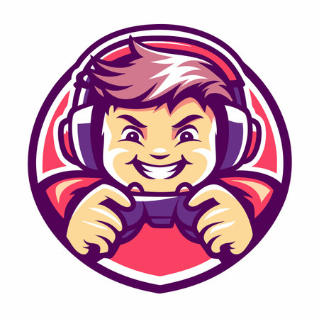 Excited cartoon boy with headphones and controller, grinning, designed as a vibrant circular gaming emblemのイラスト素材