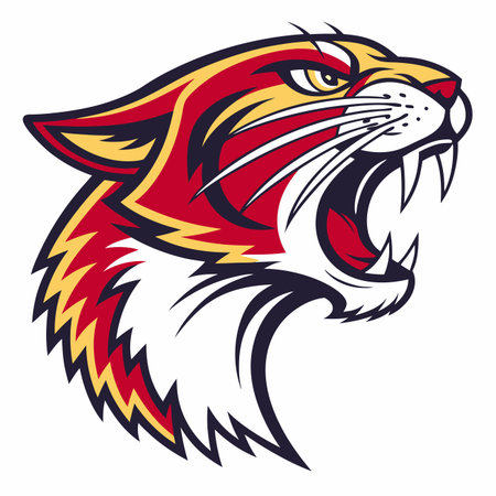 A stylized, aggressive red and gold big cat head, snarling with sharp teeth and open mouthのイラスト素材
