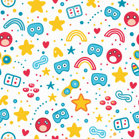 Vibrant seamless pattern with playful stars, hearts, rainbows, dominoes, and cartoon faces on whiteのイラスト素材