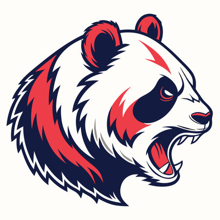 Aggressive red and blue panda head roaring, stylized illustration, side profile, fierce animal mascotのイラスト素材