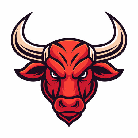 Stylized aggressive red bull head with prominent horns, strong expression. Mascot, power, strengthのイラスト素材