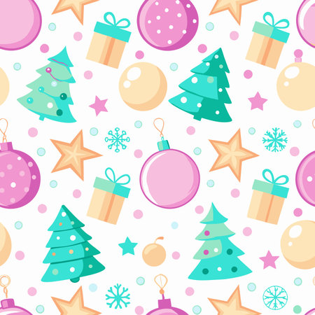 Seamless festive pattern stylized teal trees, pink/gold baubles, gift boxes, stars, snowflakes, dotsのイラスト素材