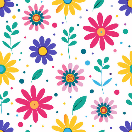 Vibrant floral pattern with various stylized flowers, green leaves, and scattered dots on a white backgroundのイラスト素材