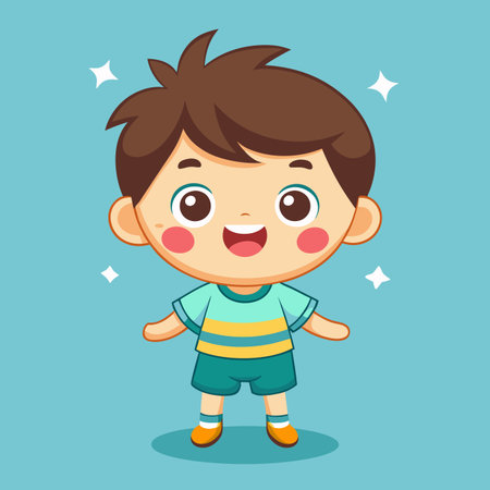 Cute cartoon boy with brown hair and big smile, wearing blue striped shirt and shorts, on a light blue background with sparklesのイラスト素材