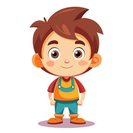 A cute, cheerful cartoon boy with brown hair, smiling brightly in colorful overalls, standing front-facingのイラスト素材