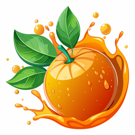 Juicy orange fruit with green leaves and water droplets, surrounded by an energetic splash of orange liquidのイラスト素材