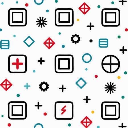 Seamless abstract pattern with black, red, blue geometric symbols, squares, stars, and colorful dots on whiteのイラスト素材