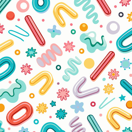 Vibrant seamless pattern with playful, cartoonish, colorful abstract shapes like squiggles, dots, and barsのイラスト素材